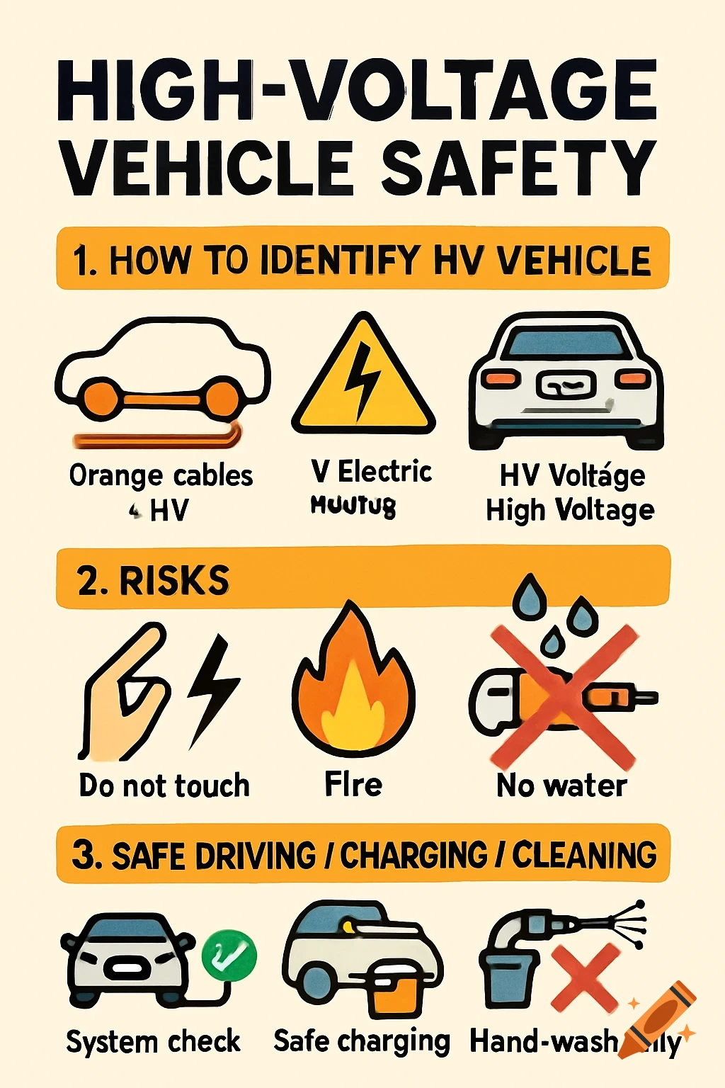 An infographic poster about high-voltage vehicle safety with cartoon icons and text, covering identification, risks like fire and water, and safe driving, charging, and cleaning practices.