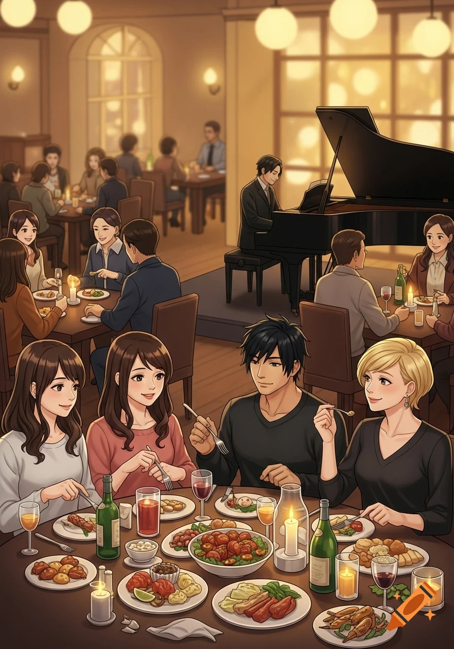 An anime-style illustration of people dining in a cozy restaurant with warm lighting. A man plays piano in the background.