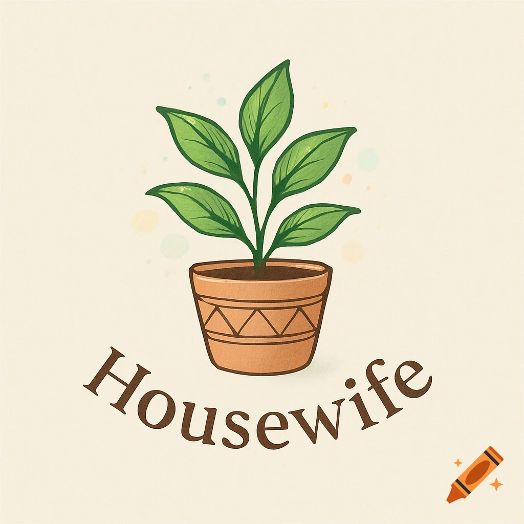 An illustration of a small green plant in a terracotta pot with geometric patterns, with the word 'Housewife' curving beneath it.