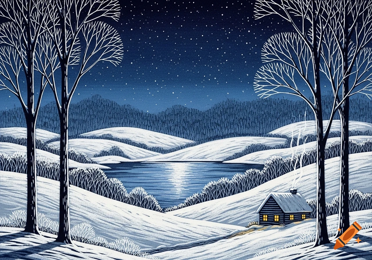 Stylized linocut winter landscape at night with snow-covered hills, bare trees, a reflective lake, and a cozy cabin.