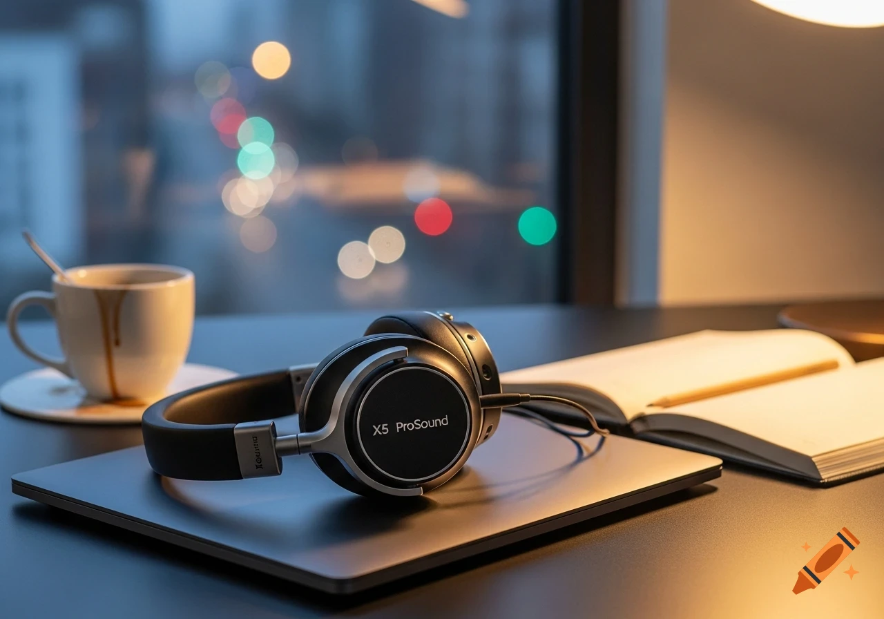 Black headphones on a closed silver laptop, a coffee cup, and an open notebook on a desk by a window with blurred city lights.