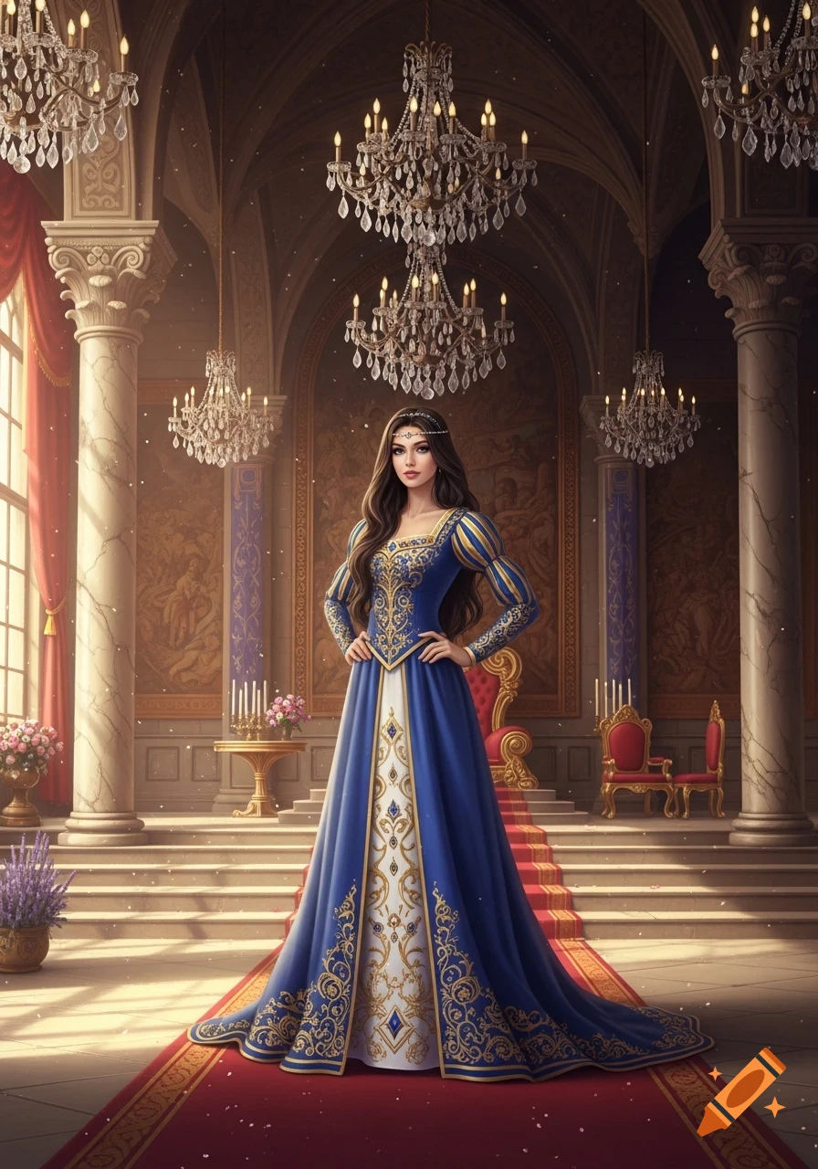 An elegant princess in a blue and gold gown stands on a red carpet in a grand hall with many chandeliers.
