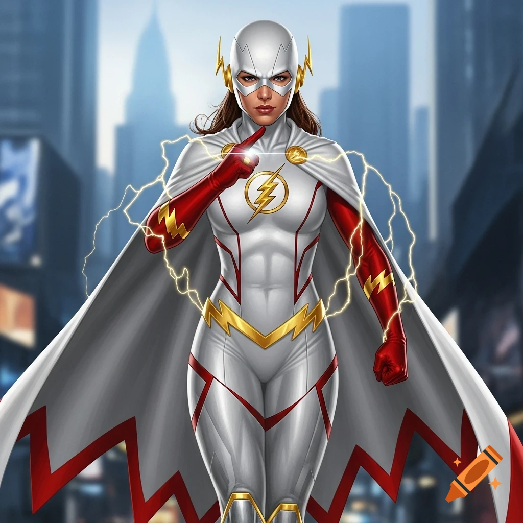 A female superhero in a white and red suit with a gold Flash symbol and cape stands in a city, in a comic book art style.
