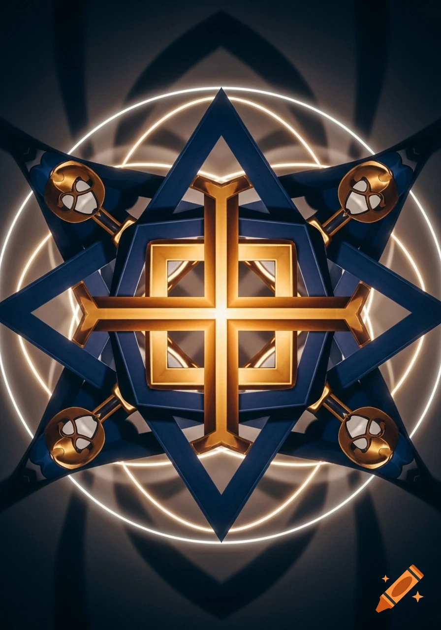 An optical illusion with a blue and gold geometric star containing a glowing cross, surrounded by concentric light rings.