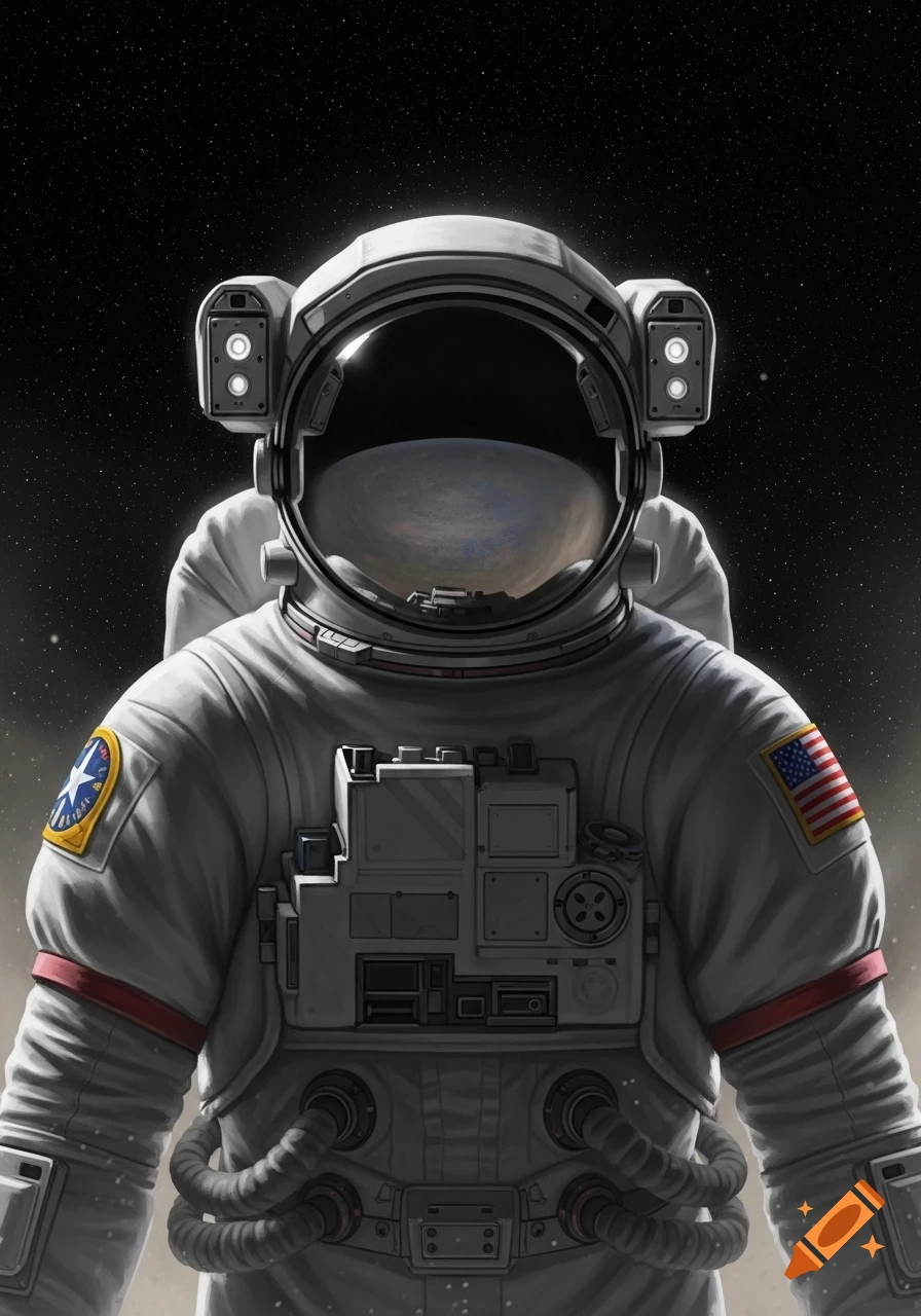 Close-up of an astronaut in a white suit with an American flag patch, against a starry dark space background, with Earth reflected in the visor.