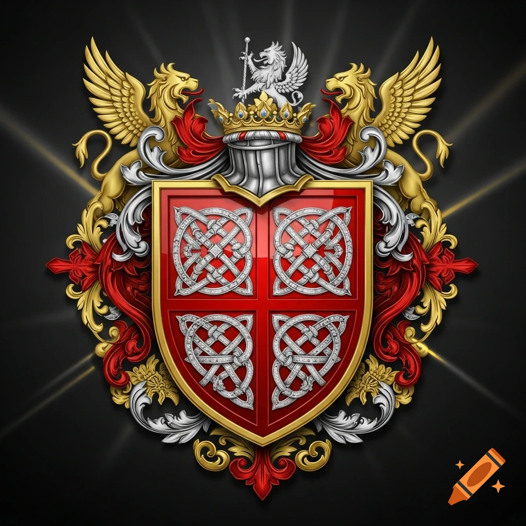 Elaborate red, gold, and silver coat of arms with griffins, a crowned lion, and Celtic knot patterns.