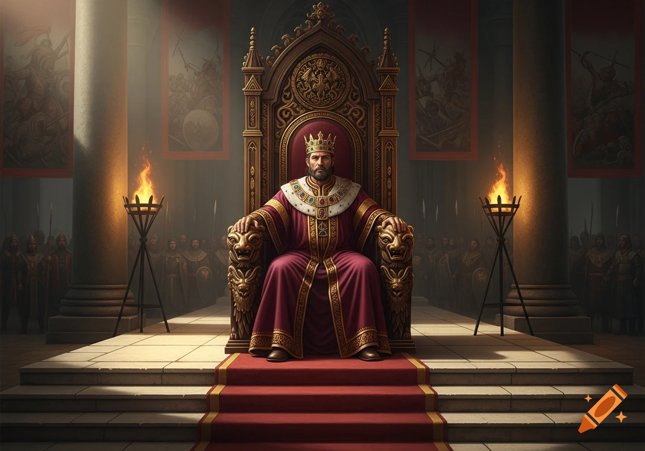 A majestic king in a maroon and gold robe sits on an ornate golden throne in a grand hall, flanked by flaming torches and soldiers.