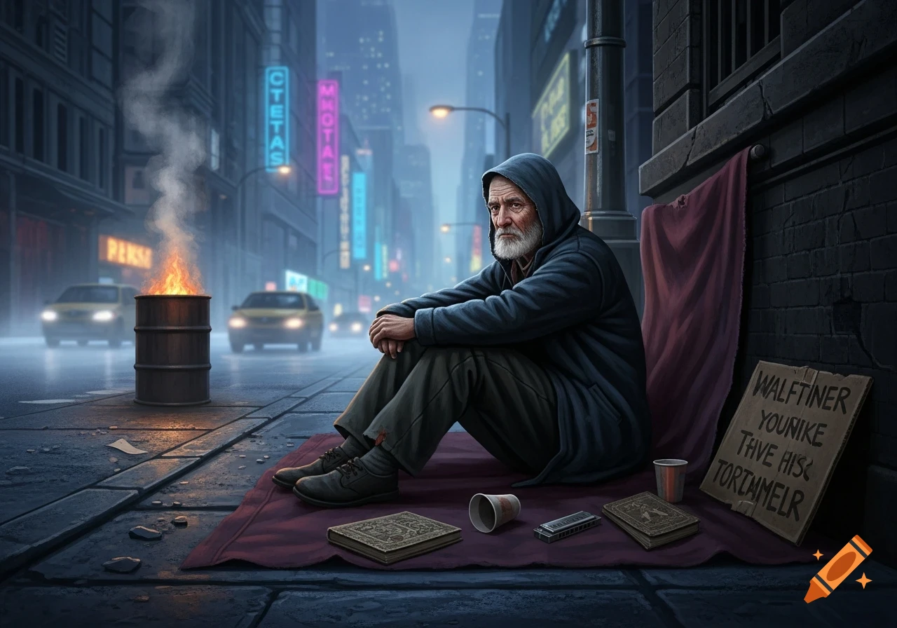 A photorealistic image of a bearded homeless man in a hoodie sitting on a city street beside a burning barrel, with neon signs in the background.