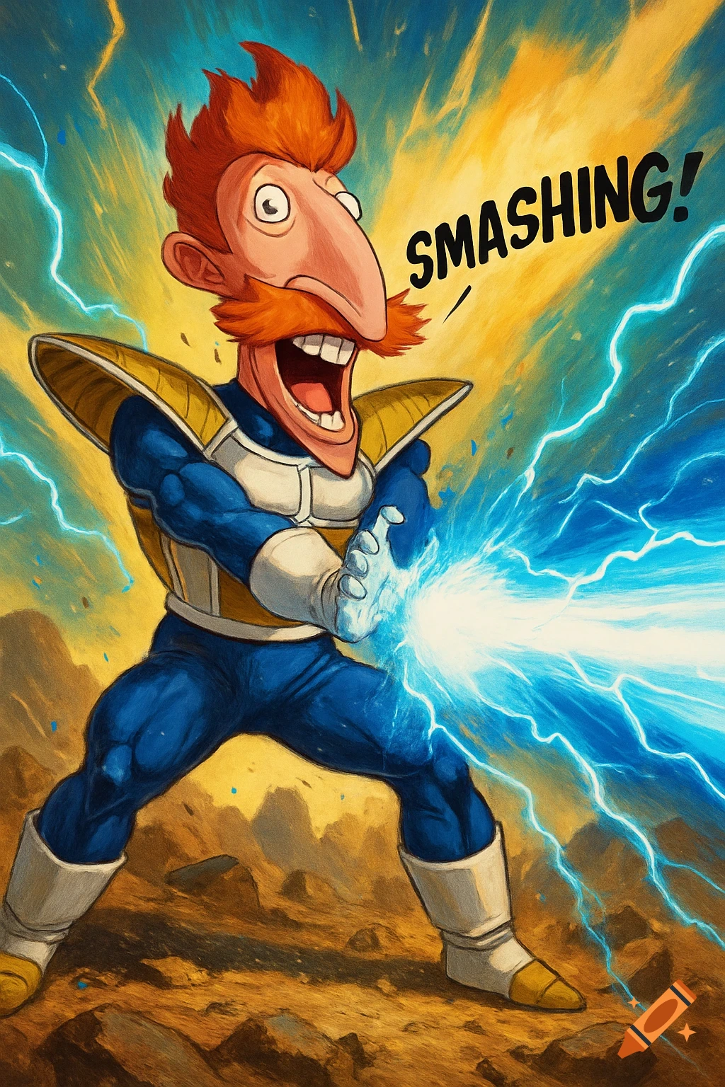 Nigel Thornberry as Vegeta, firing a blue energy blast and shouting 'SMASHING!' in a dynamic cartoon style.