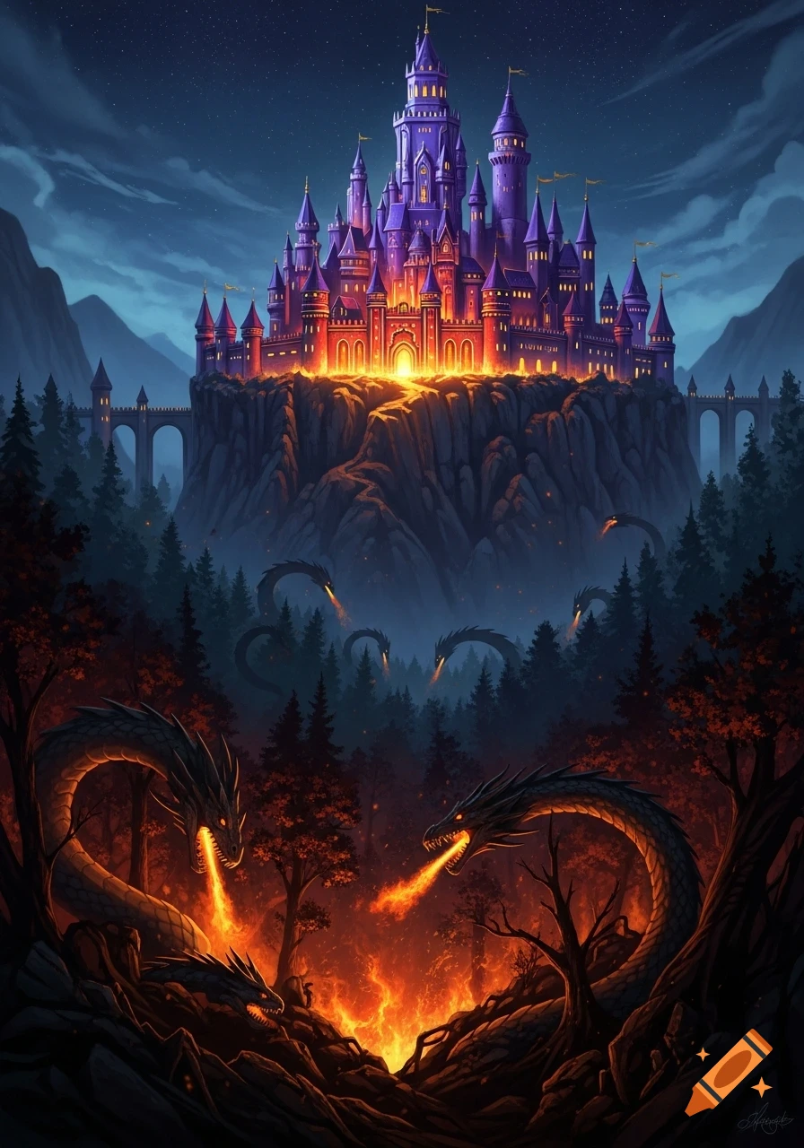 A glowing purple and red fantasy castle on a rocky cliff above a dark forest where dragons breathe fire.
