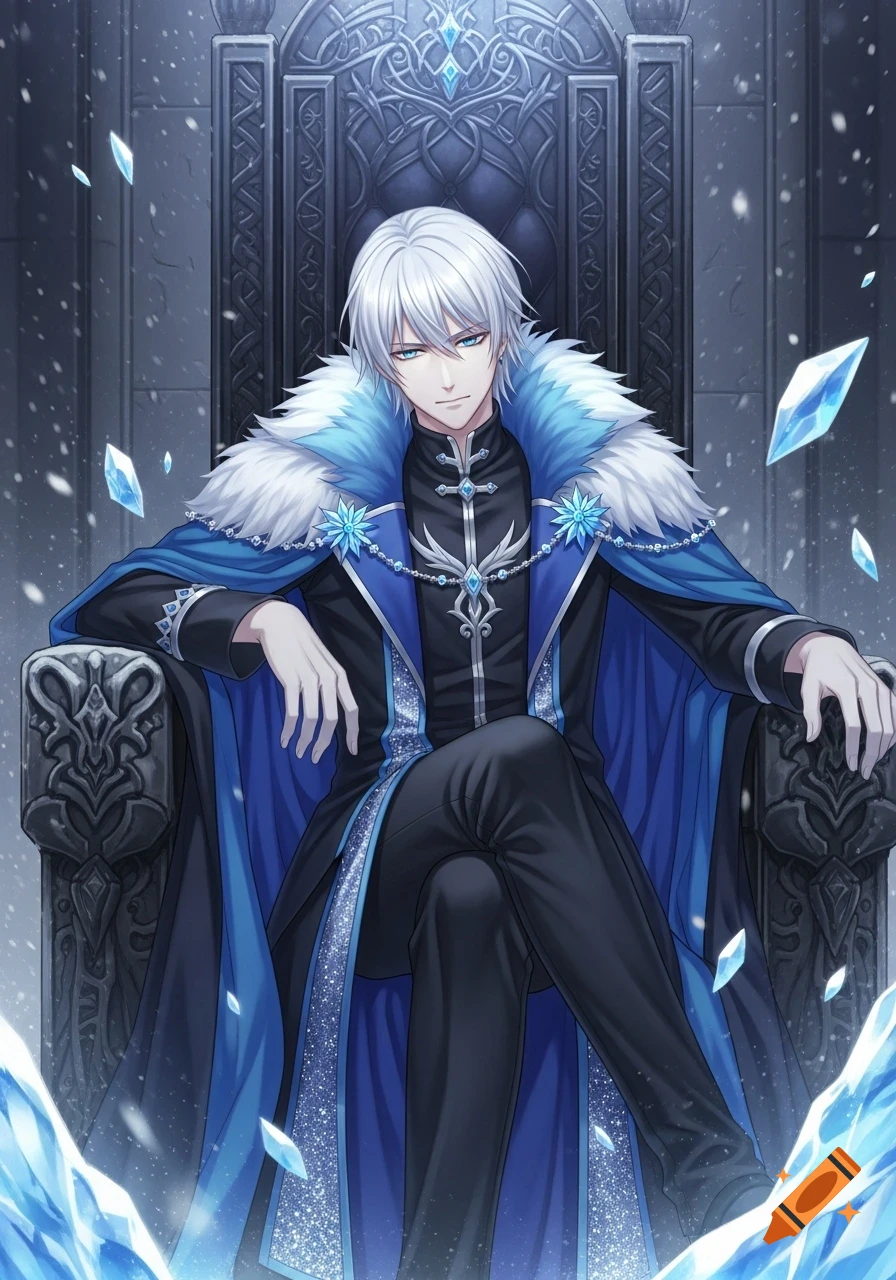 An anime-style young ice demon king with white hair and blue eyes sits elegantly on a dark, ornate throne, wearing a black and blue fur-collared mantle, surrounded by ice.