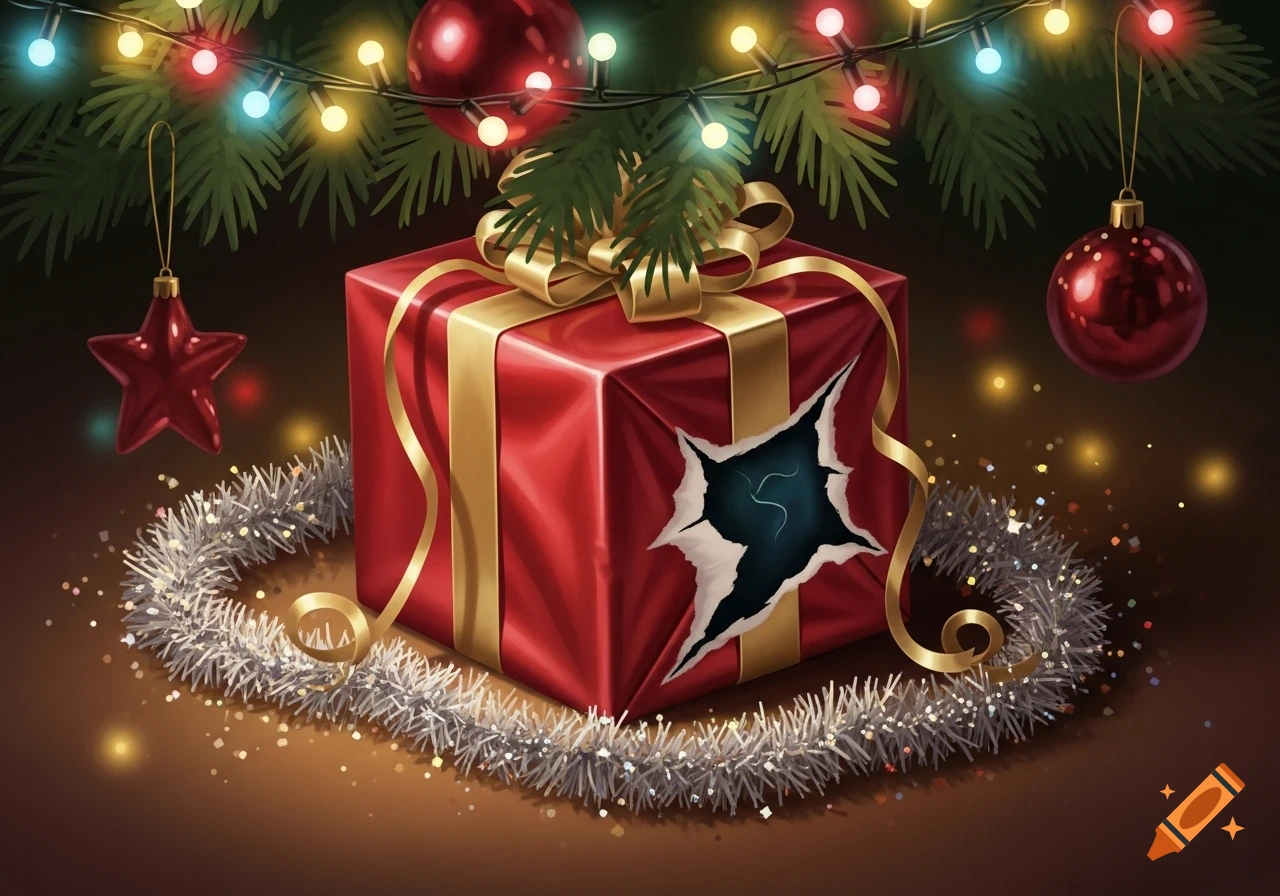 A festive red Christmas present with gold ribbon, partly unwrapped with a jagged hole, surrounded by tinsel and Christmas lights.