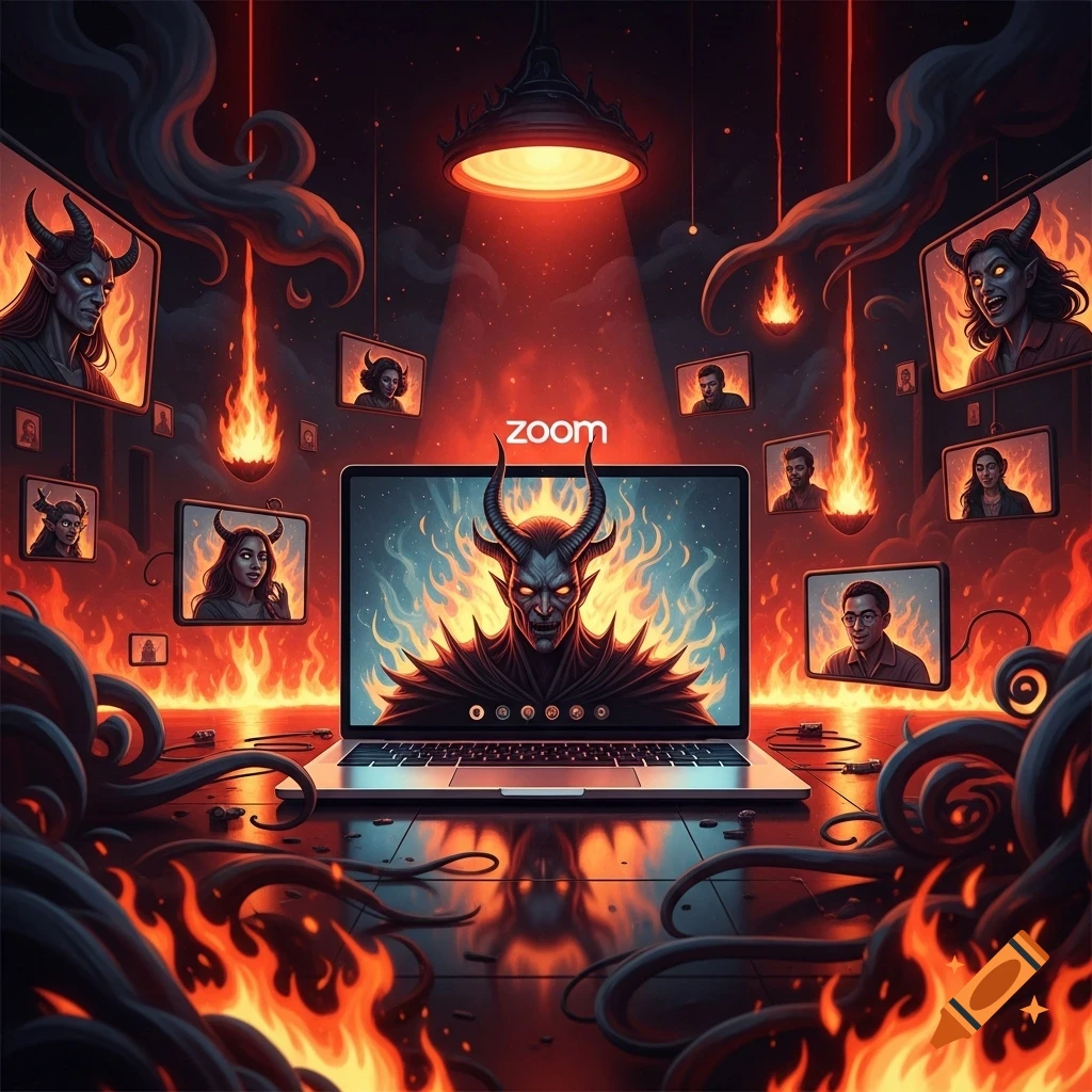Satan leads a fiery Zoom meeting with various horned demons and a few humans in a dark, hellish setting.