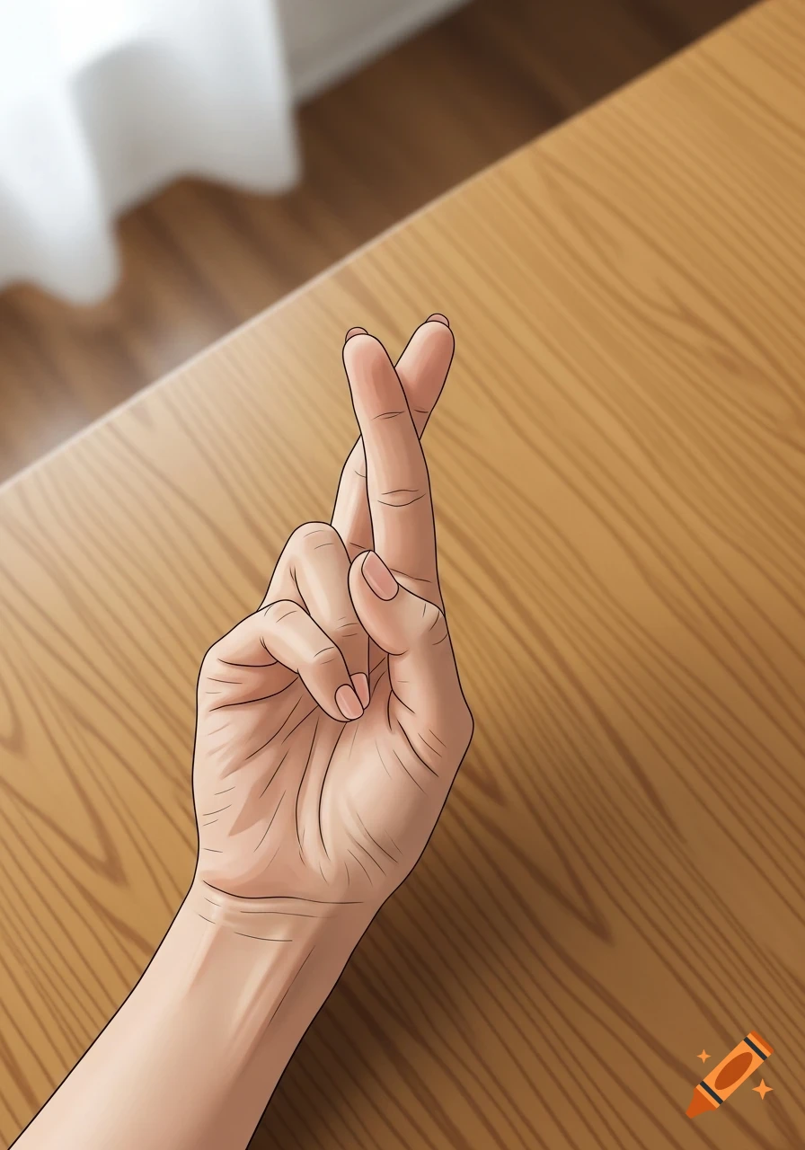 A stylized illustration of a hand with index and middle fingers crossed, resting on a blurred wooden table.