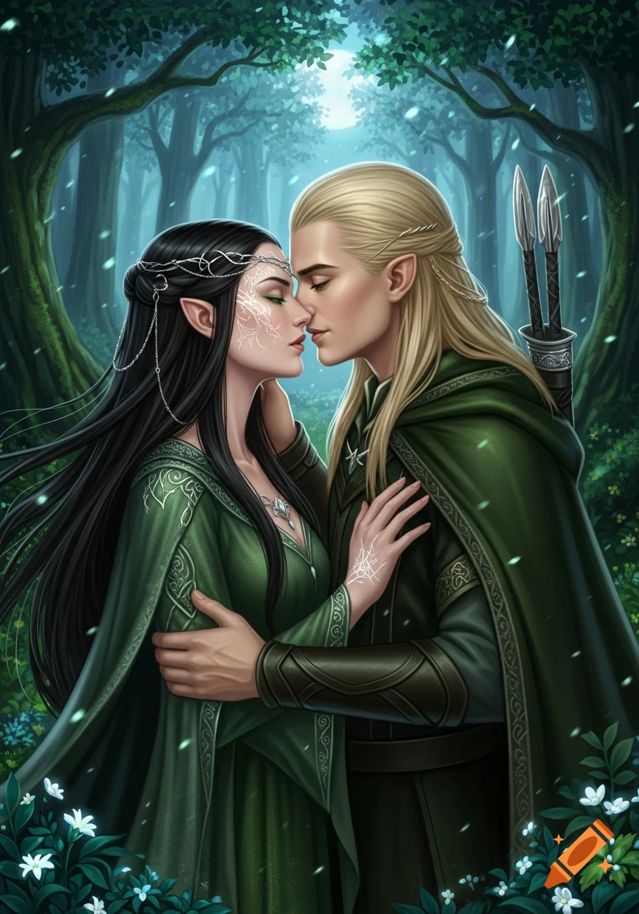 A blonde male elf and a dark-haired female elf with green eyes lean in for a kiss in a magical forest, wearing green robes.