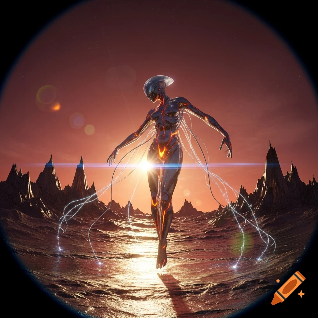 A biomechanical alien with glowing orange patterns on its body floats above a rocky, reflective landscape under a red sky with lens flares, framed in a circular view.