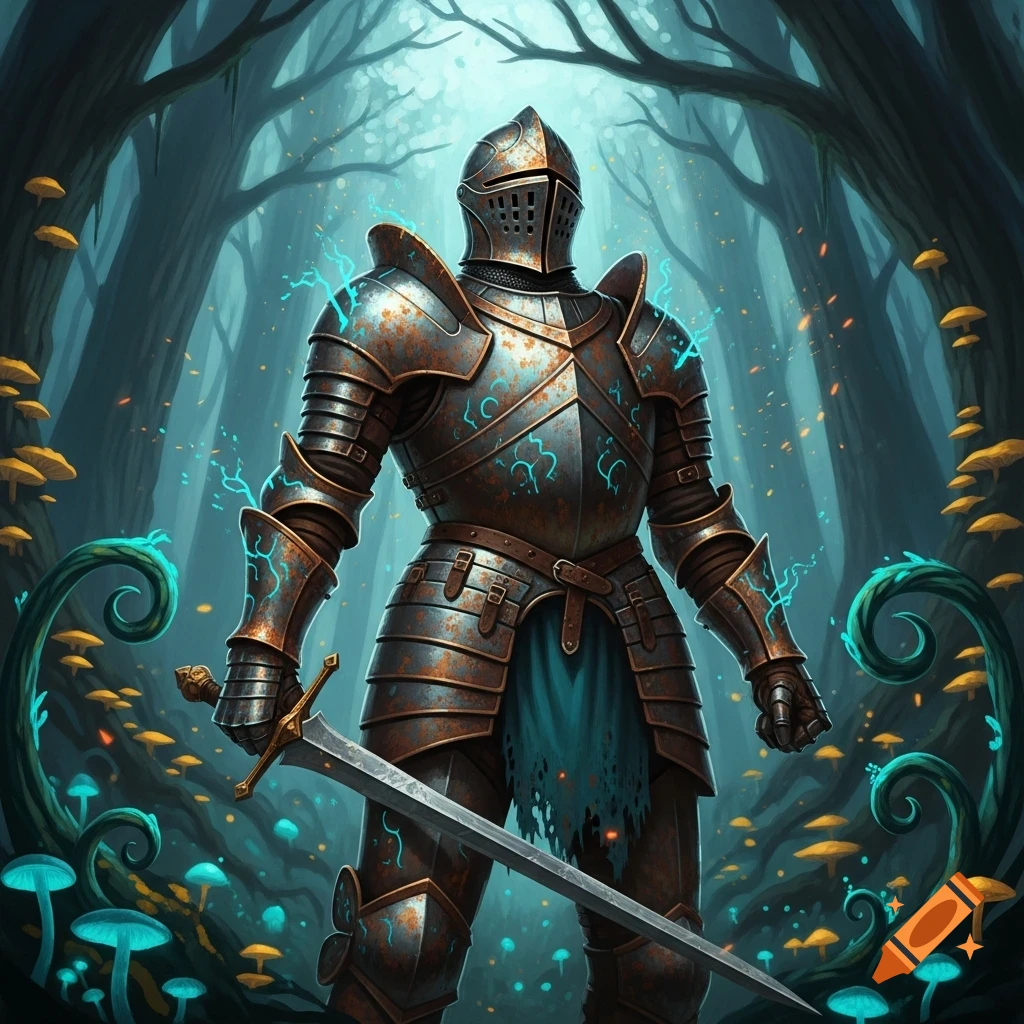 A knight in rusted armor with glowing blue magical accents, holding a sword in a dark, mystical forest with glowing mushrooms.