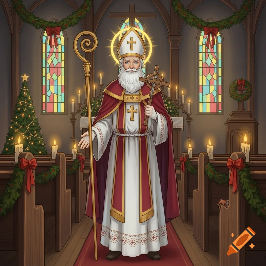 Saint In Robe A white-bearded saint in a mitre and red robes holds a crozier and ...