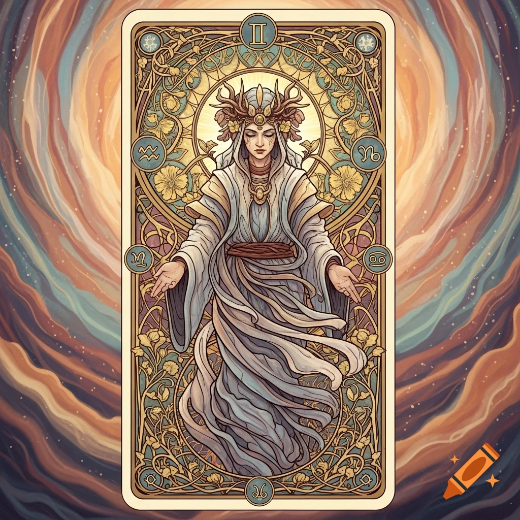 Art Nouveau tarot card featuring a serene woman with a horned crown, surrounded by ornate floral designs and zodiac symbols, on a swirling cosmic background.