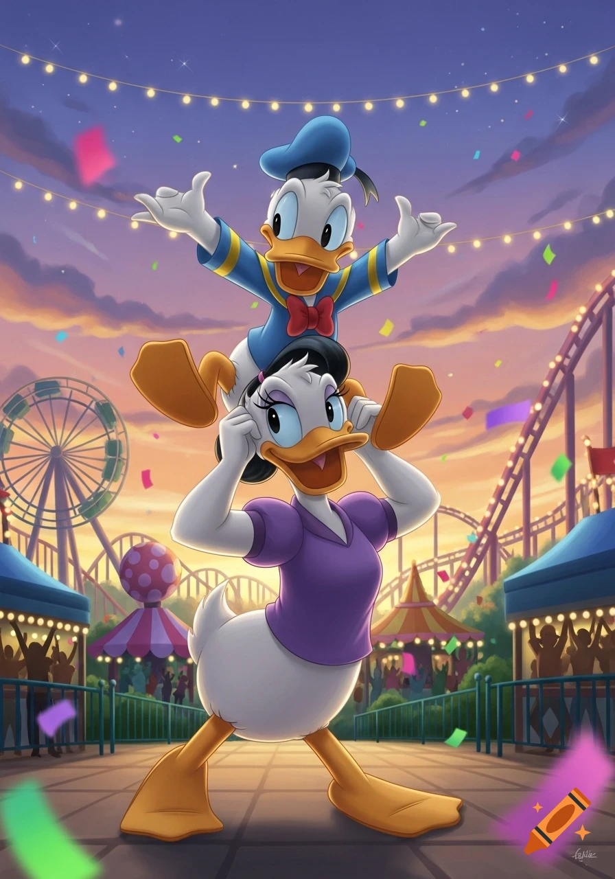 Donald Duck sits on Daisy Duck's shoulders at a vibrant amusement park with a Ferris wheel and roller coaster at sunset.