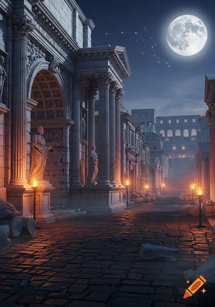Ancient Roman city street at night, lit by torches under a large full moon and constellations, with towering stone architecture and statues.
