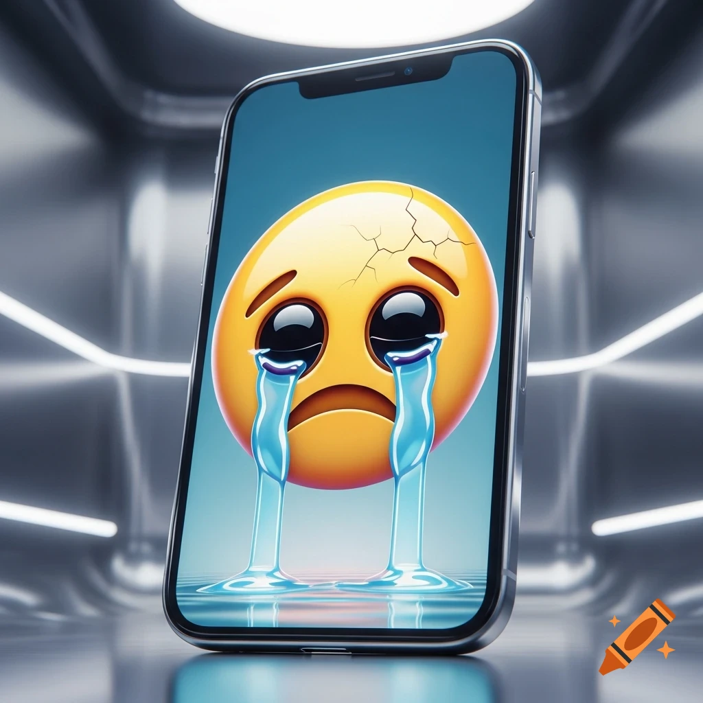 Hyperrealistic crying emoji with cracks on a smartphone screen, set in a metallic reflective environment.