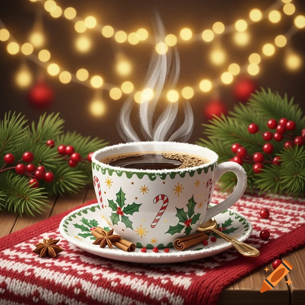Steaming coffee in a white Christmas cup decorated with holly and candy canes, surrounded by pine, berries, spices, and warm string lights.