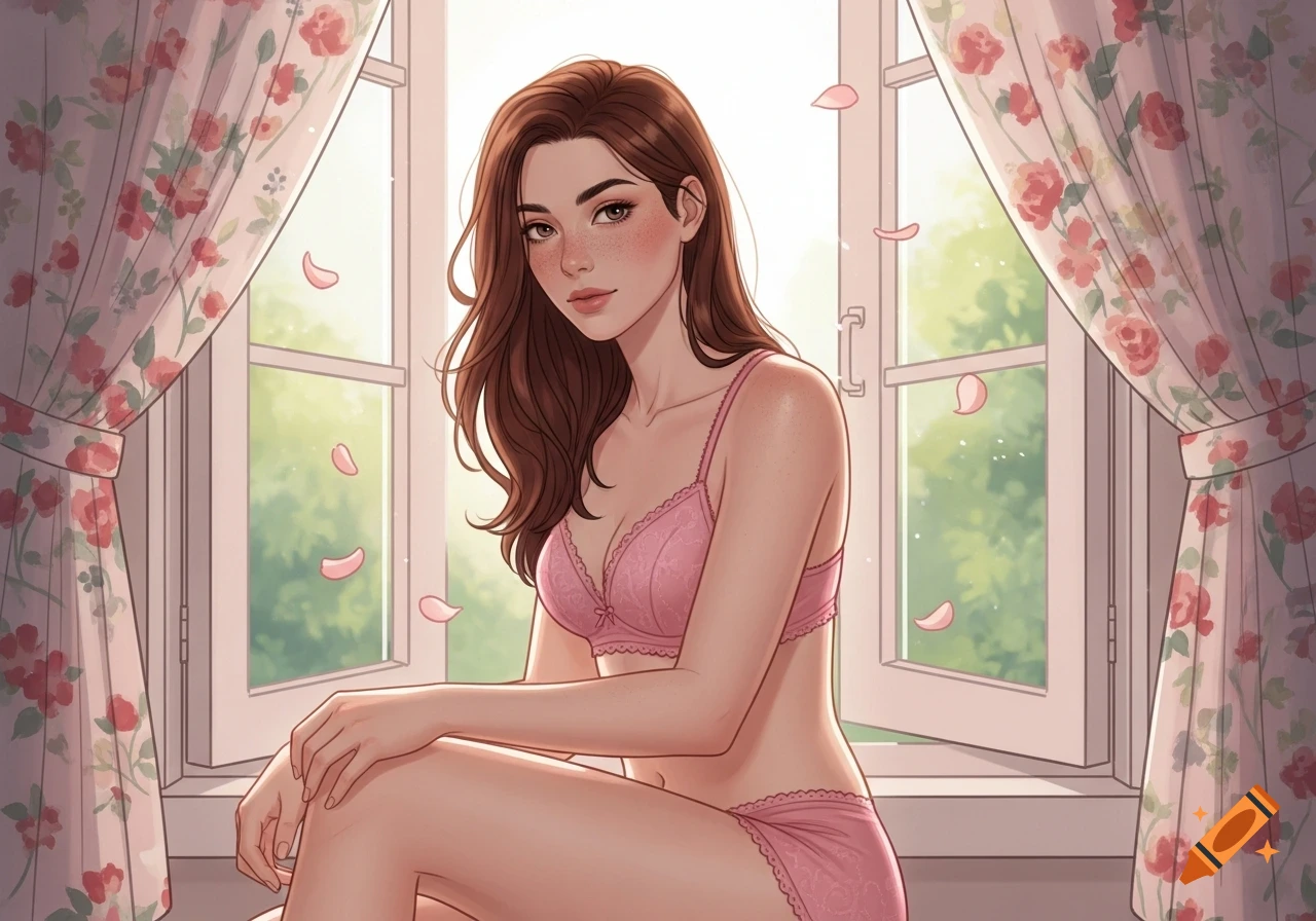Anime illustration of a brown-haired woman with freckles in pink lingerie by a window with floral curtains and petals.