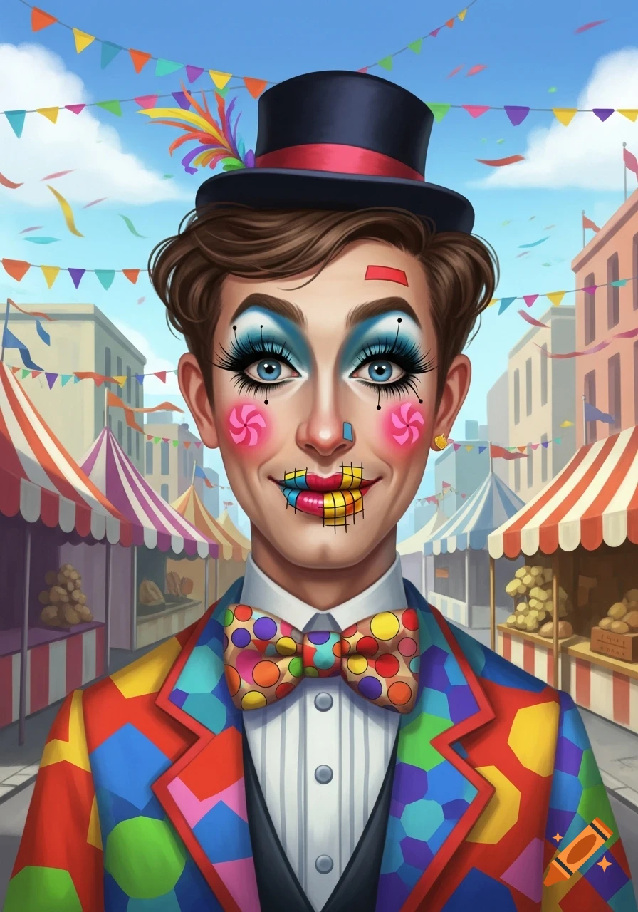 A smiling man with colorful clown-like makeup and a top hat, wearing a vibrant patterned suit and polka dot bow tie, at a lively street fair with tents and bunting.
