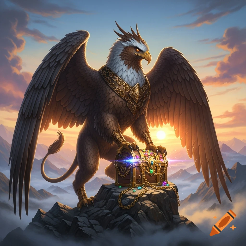 A majestic griffin guards a glowing treasure chest on a rocky mountain peak at sunset, rendered in a detailed fantasy art style.
