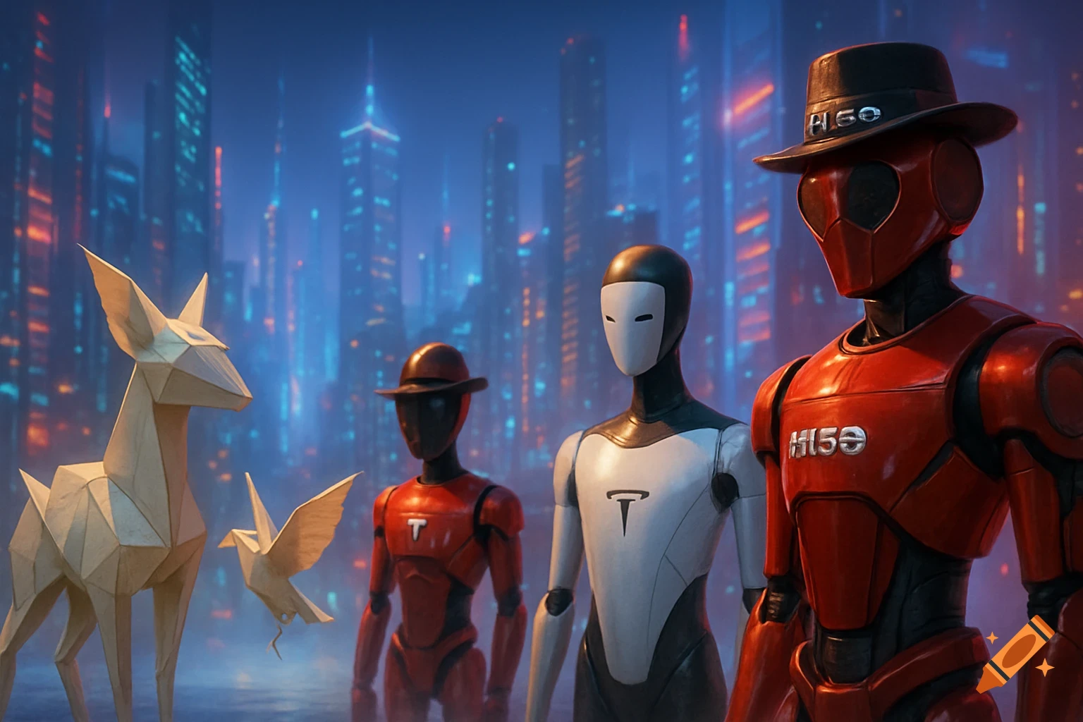 Robots and origami animals stand in a futuristic city. A large red robot wears a hat with distorted text, flanked by a white robot and another red robot, with a paper deer and bird in the foreground. Glowing skyscrapers fill the background.