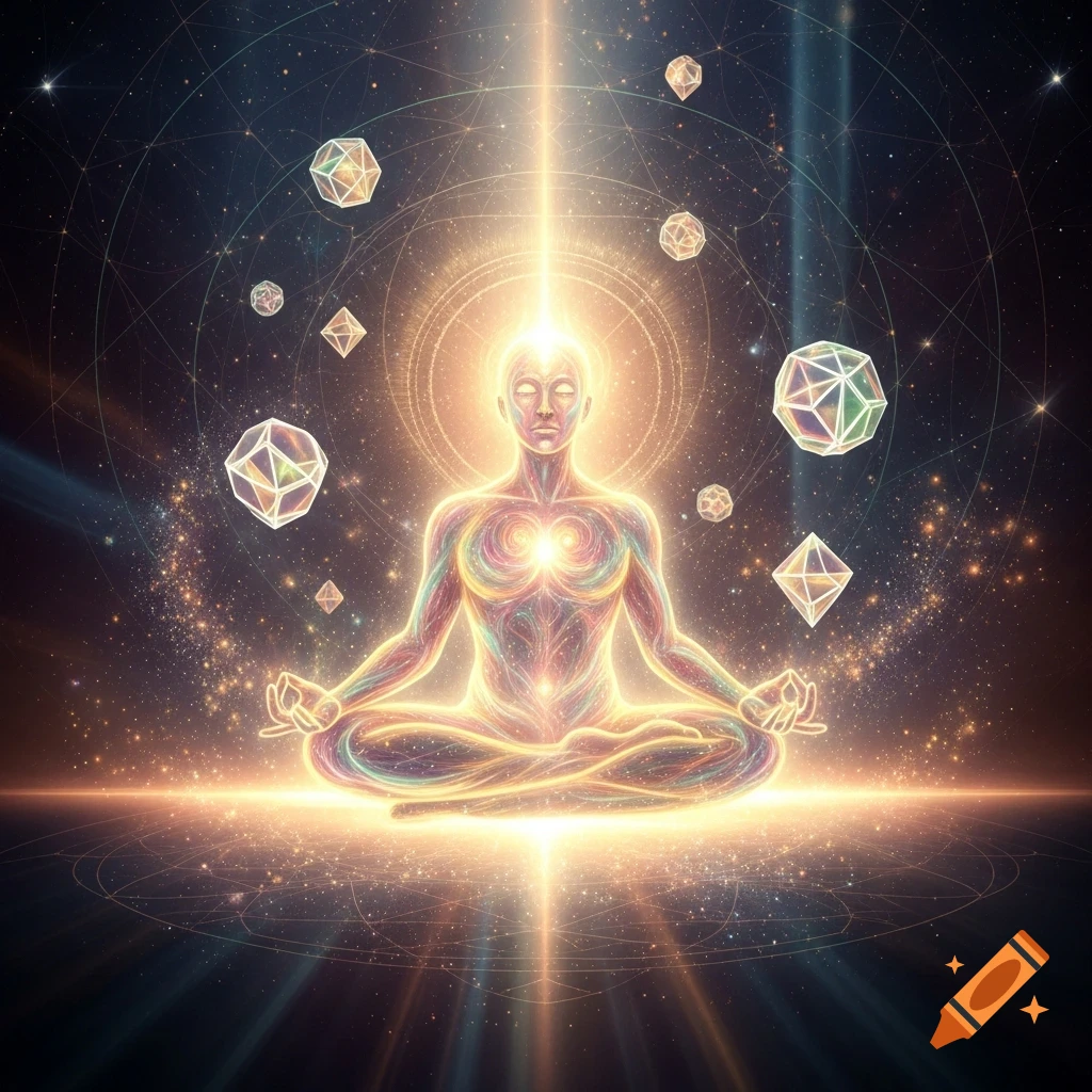 An ethereal, luminous being of light, glowing with colorful energy, meditates in a cosmic setting with geometric light codes and starry nebulae.