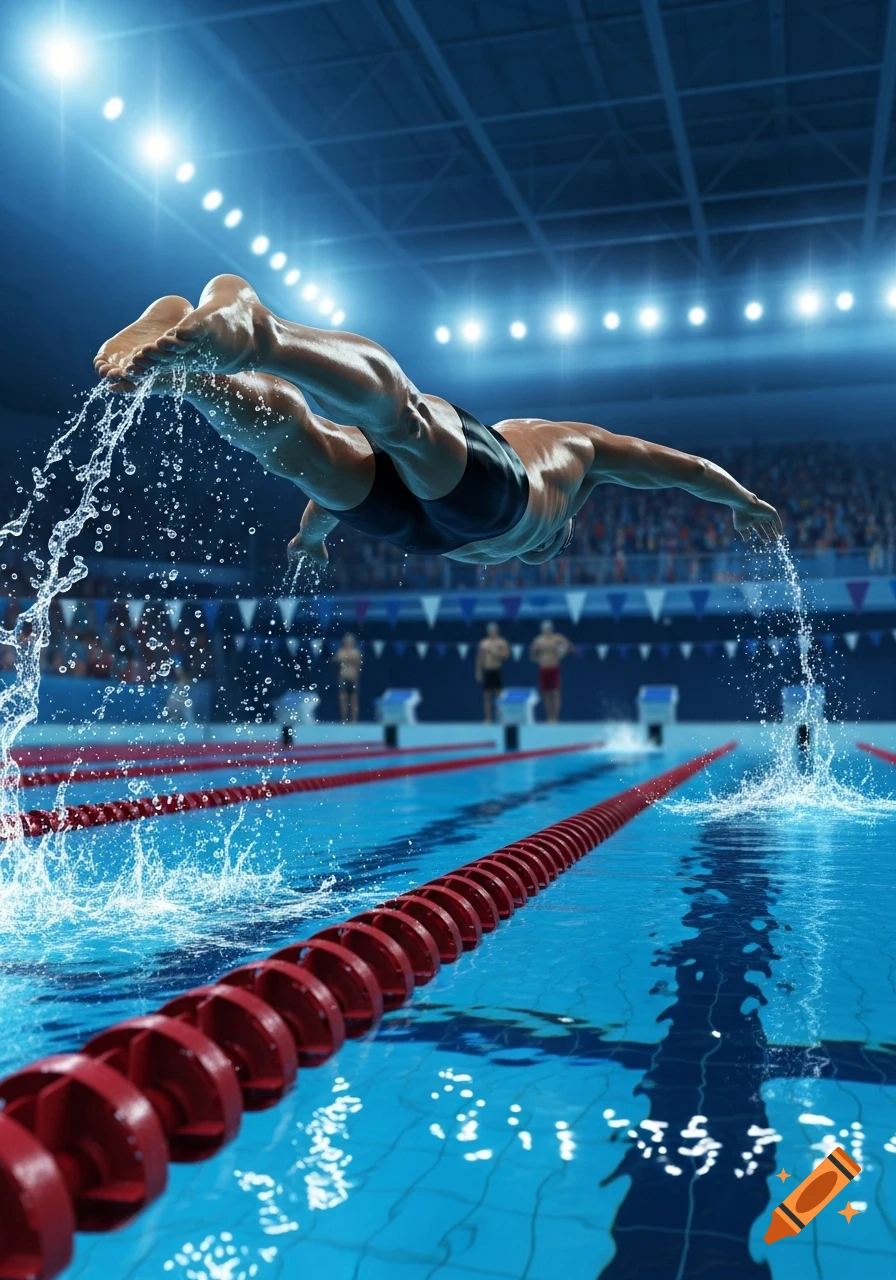 Male swimmer mid-dive into a blue pool, water splashing, in a brightly lit indoor stadium.