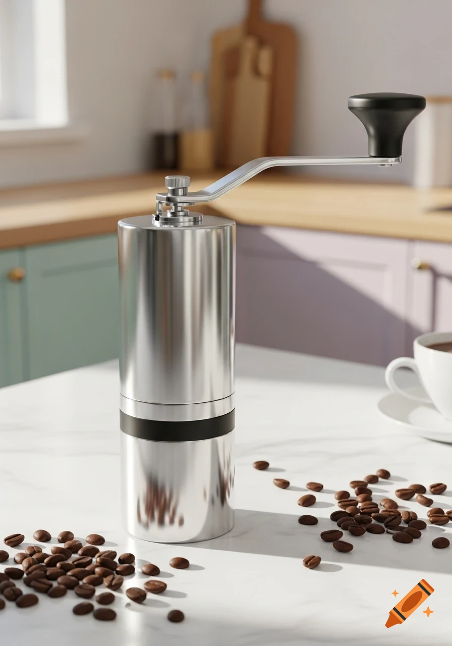 A photorealistic image of a silver hand coffee grinder on a white marble countertop with scattered coffee beans and a coffee cup in the background.