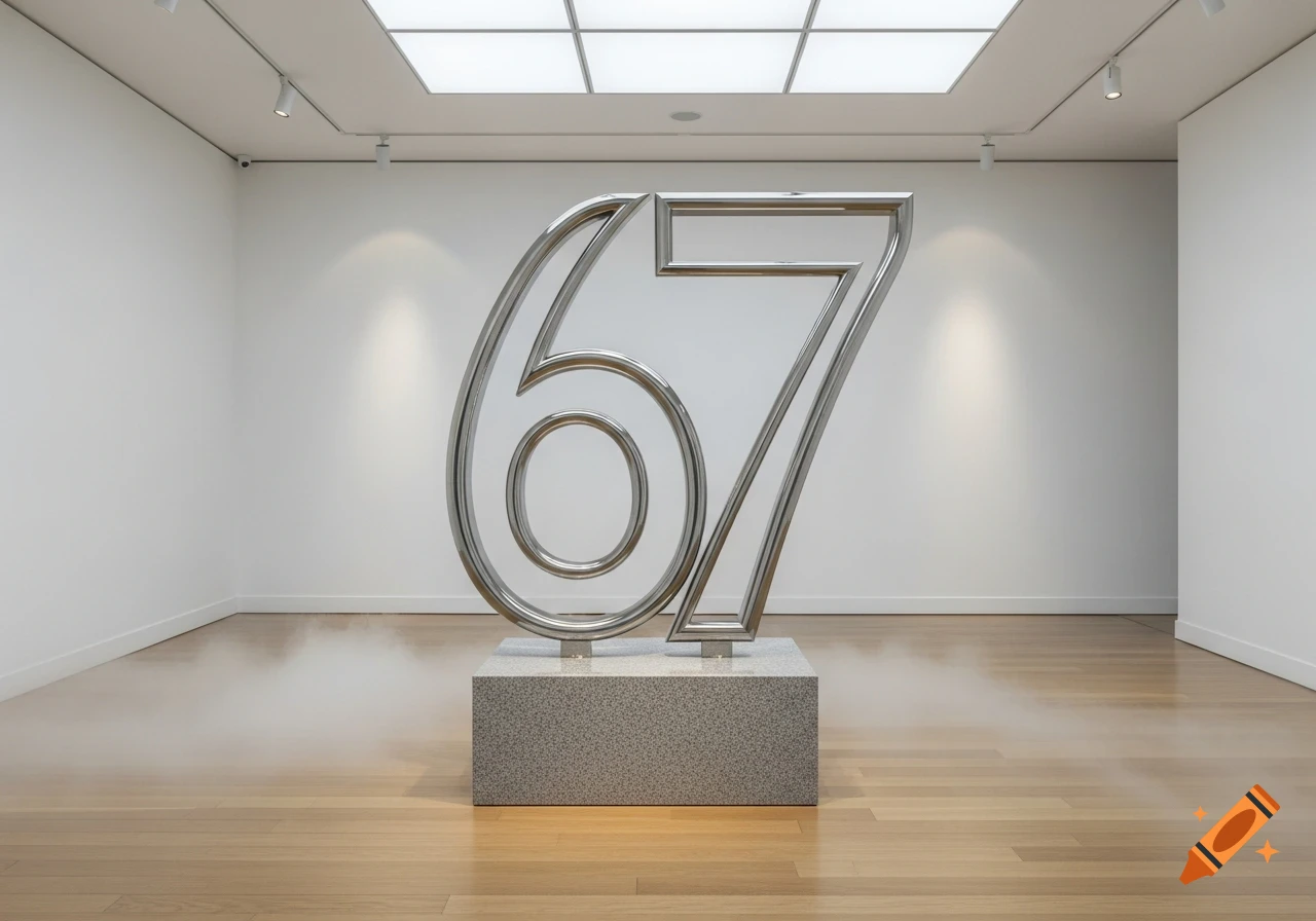 A large, shiny silver sculpture of the numbers 67 on a stone pedestal in a minimalist art gallery.