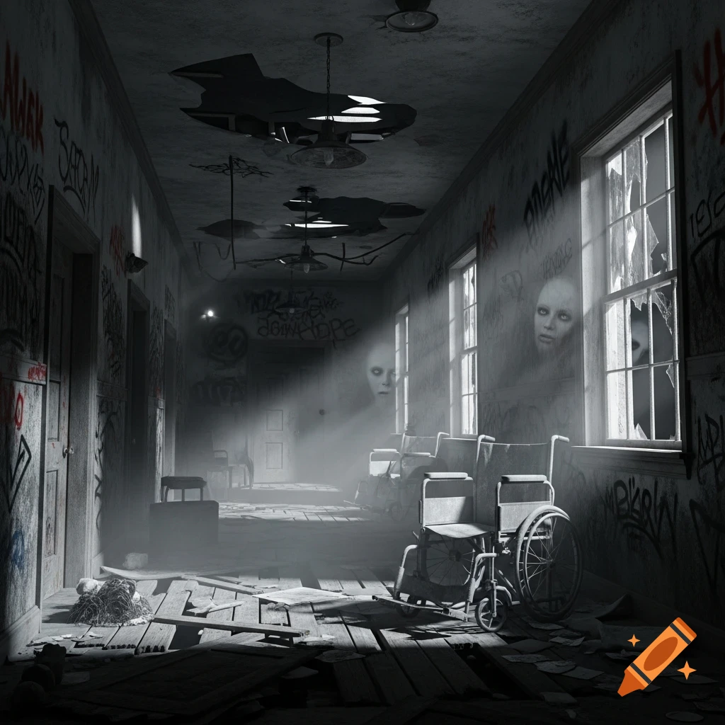 An eerie, abandoned asylum hallway in a 3D horror photo. The dark, dilapidated hall features a wheelchair, broken windows, and ghostly faces in the mist.