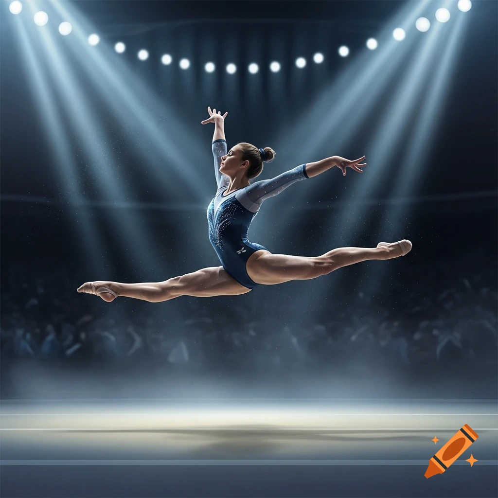 Photorealistic image of a female gymnast in a blue leotard performing a split leap under spotlights in an arena.