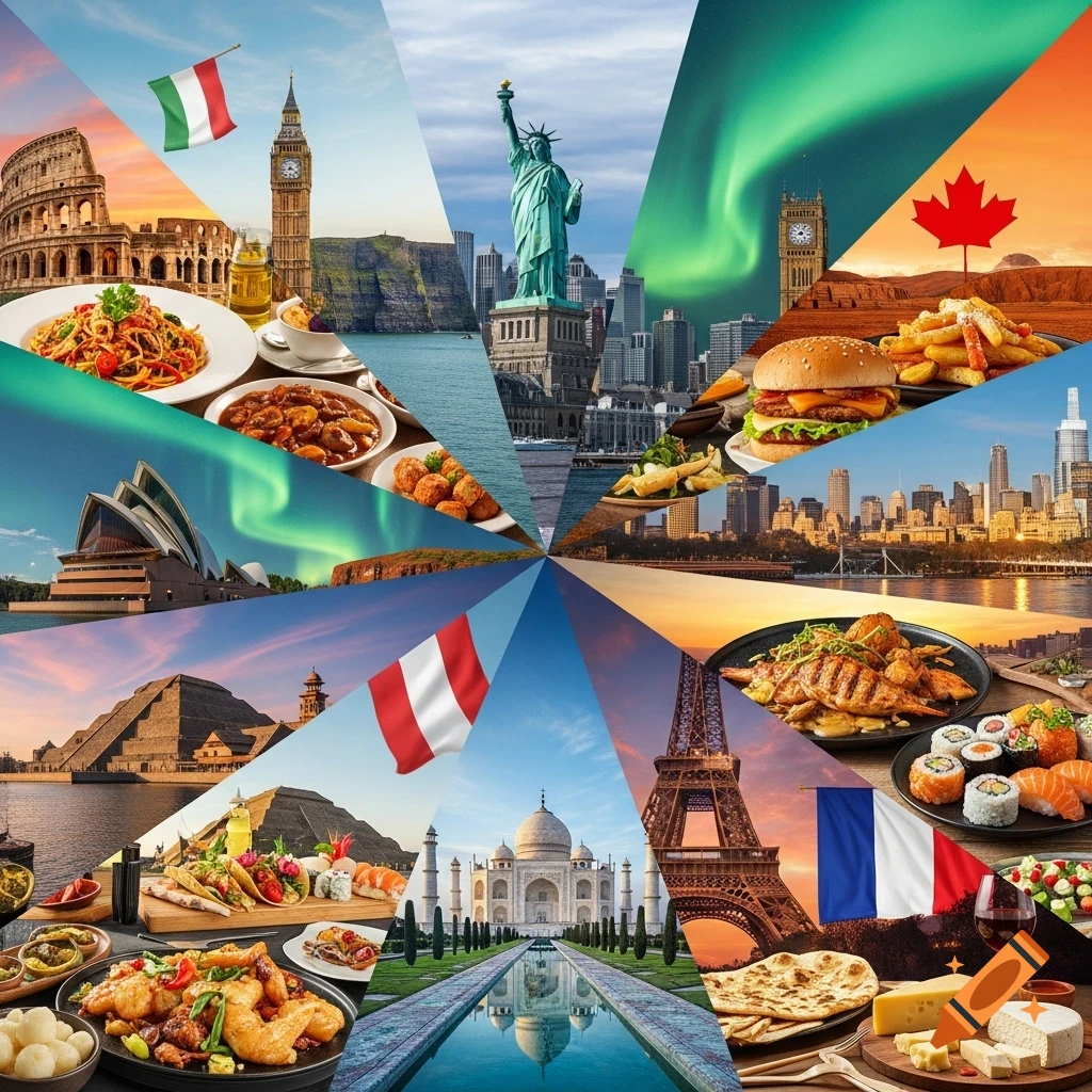 Photorealistic collage of global travel destinations, featuring iconic landmarks, national flags, and diverse cuisine arranged in a vibrant fan shape.