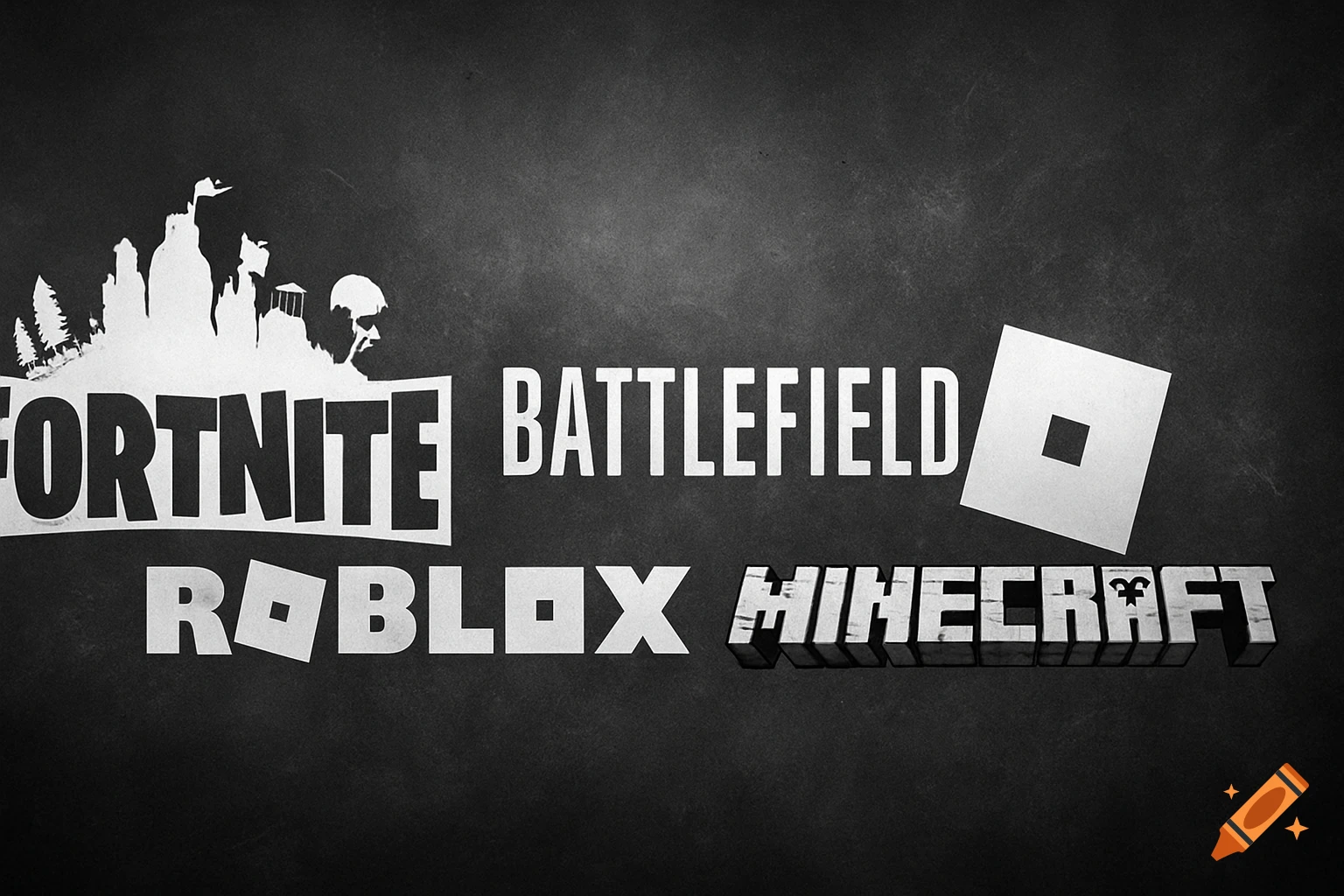 Black and white graphic featuring logos of popular video games: Fortnite, Battlefield, Roblox, and Minecraft, on a textured background.