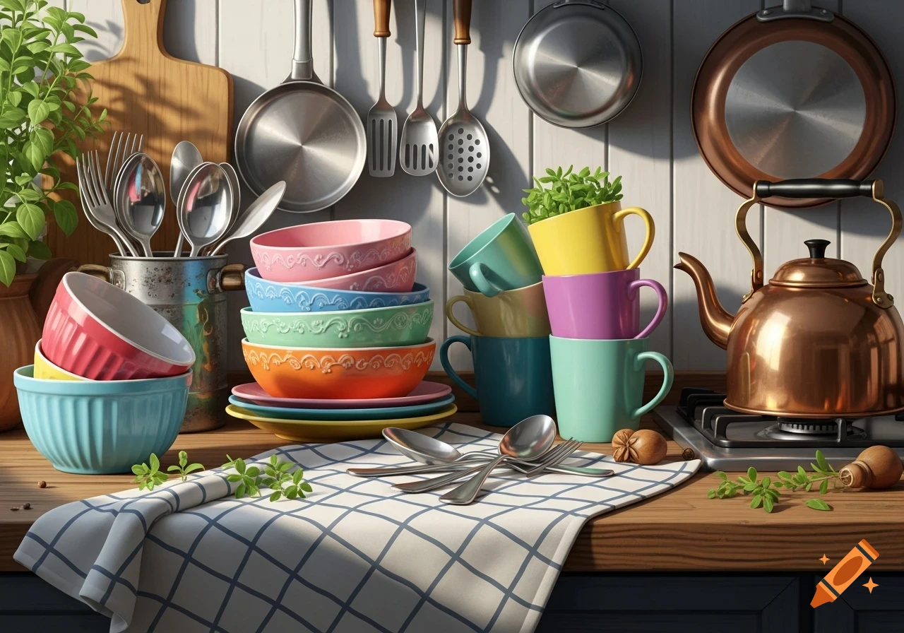 Colorful kitchenware including stacked bowls, mugs, a copper kettle, and hanging utensils on a wooden counter, bathed in sunlight. Photorealistic.