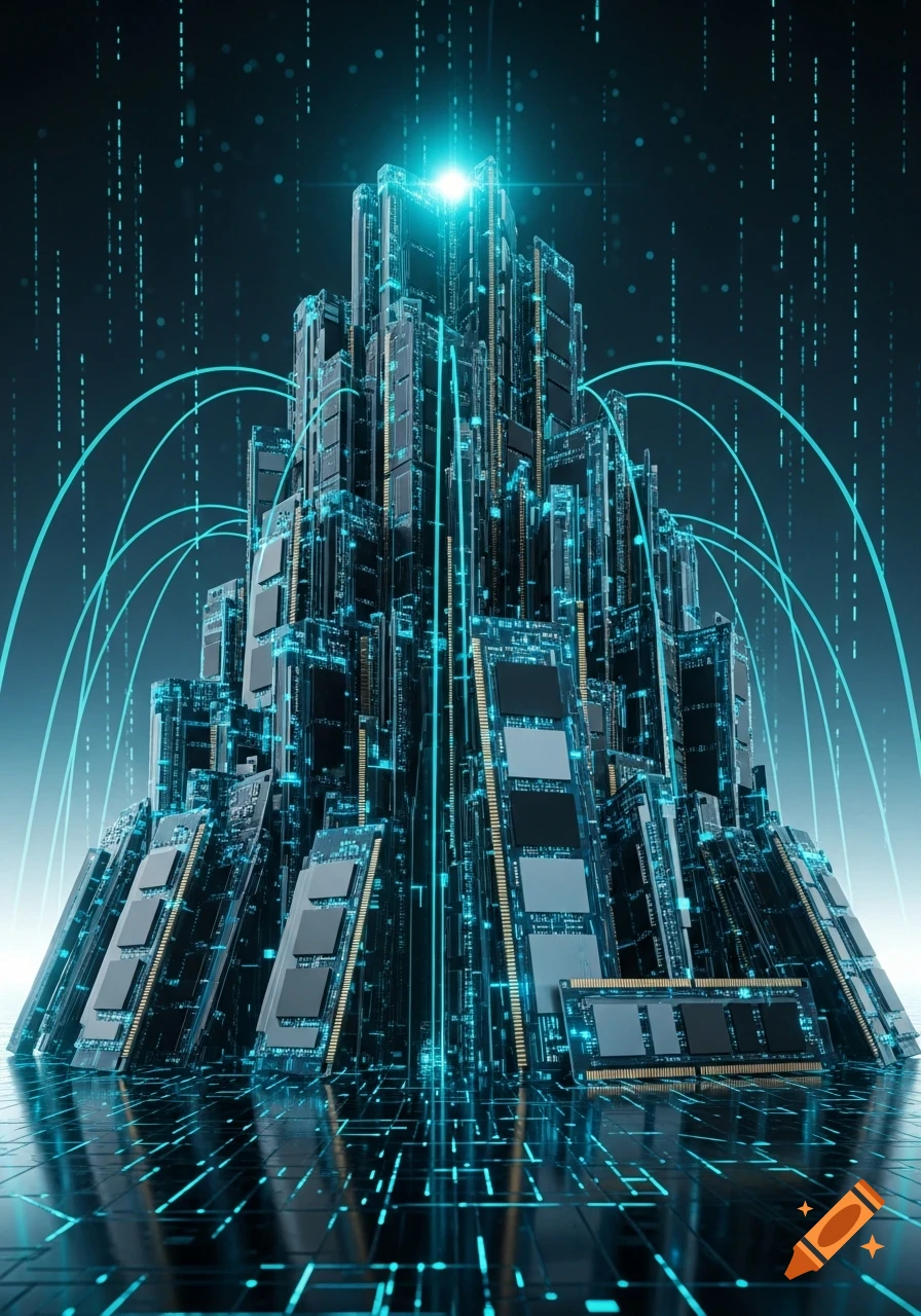 A glowing, futuristic city-like structure composed of computer RAM modules, with data streams flowing around it.
