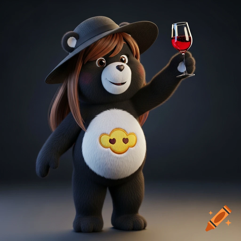 A black Care Bear-like character with long brown hair, a hat, and a white belly with a cloud and two hearts, holding up a glass of red wine.
