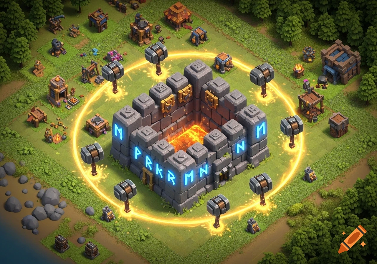 Isometric view of a fantasy game base with a central stone fortress, glowing blue runes, and lava pit, surrounded by hammers, trees, and other structures.