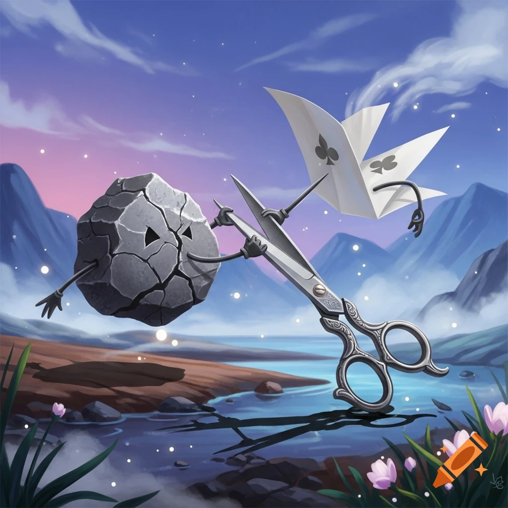 An anthropomorphic rock, scissors, and paper (playing card) character battle in a stylized landscape with mountains, water, and pink flowers at dusk.