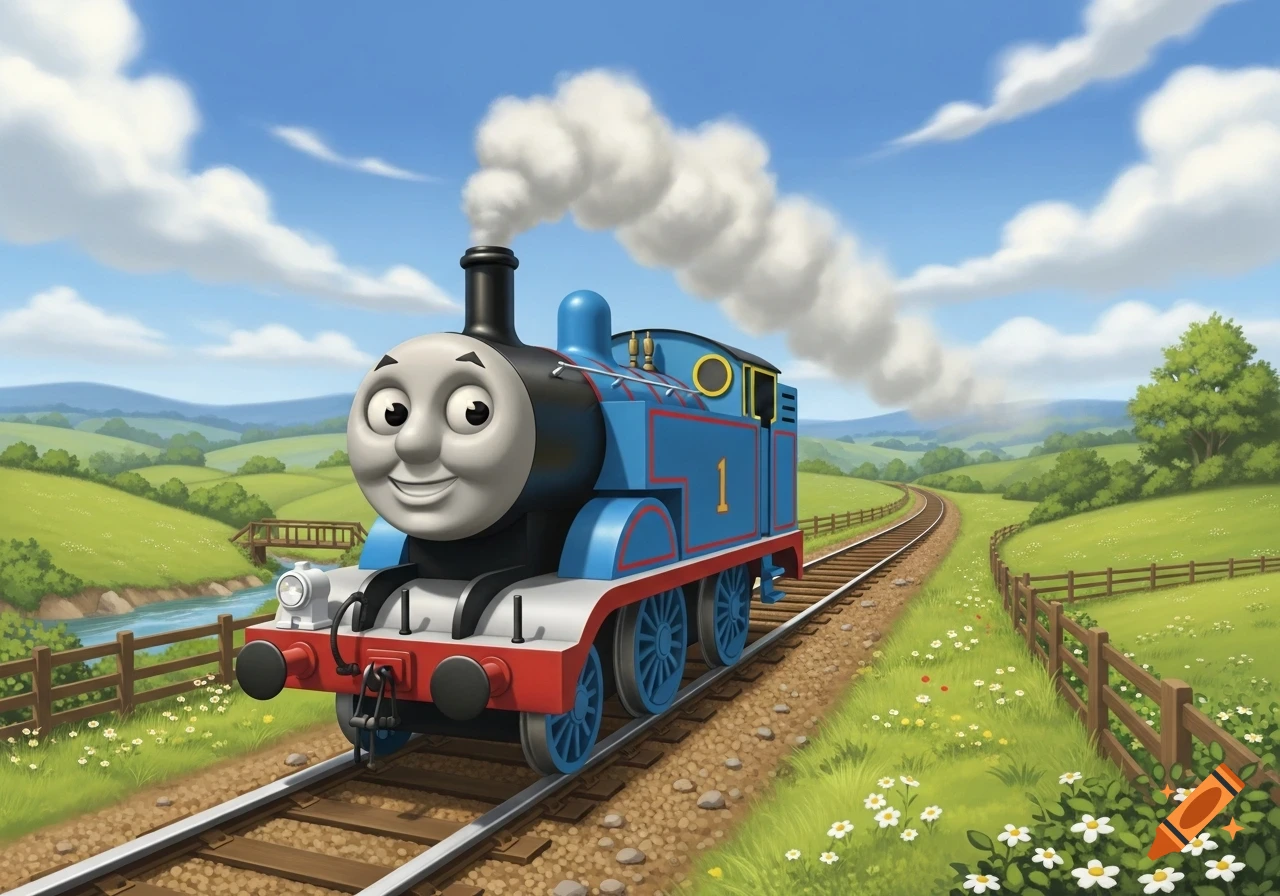 Thomas the Tank Engine steaming along train tracks through a green, hilly countryside under a blue sky, in a vibrant cartoon style.