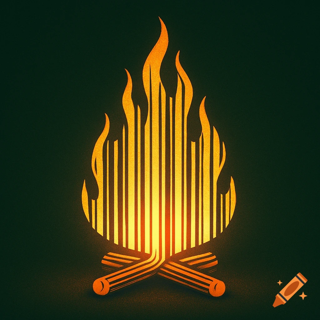 A stylized campfire where the flames are formed by vertical gold bars resembling a barcode, over horizontal orange logs, against a dark green background.