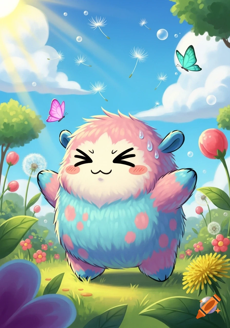 A fluffy pink and blue cartoon monster with squinting eyes and sweat on its forehead stands in a sunny field with dandelions, flowers, and butterflies.