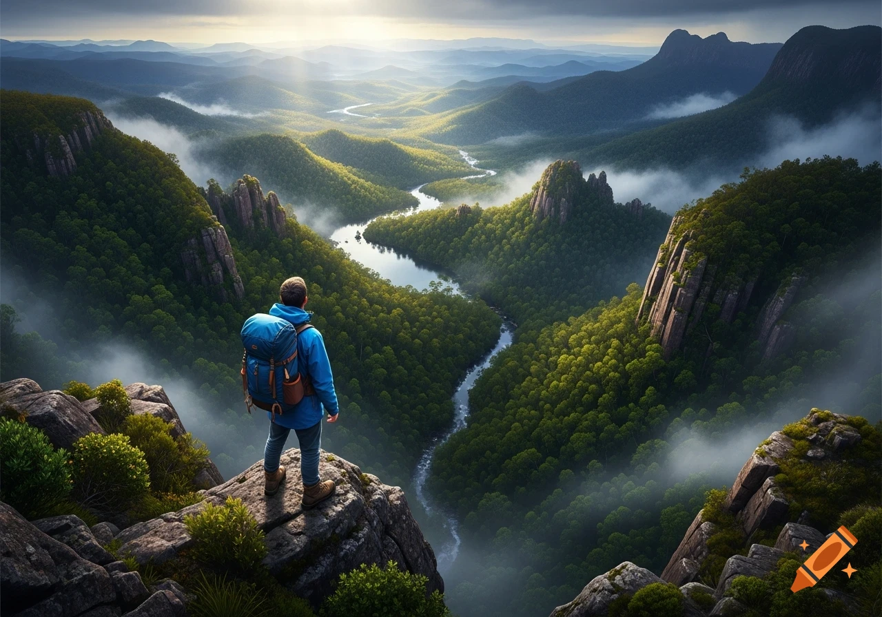Hiker in a blue jacket on a cliff overlooking a winding river through a misty, lush green mountain valley at sunrise.