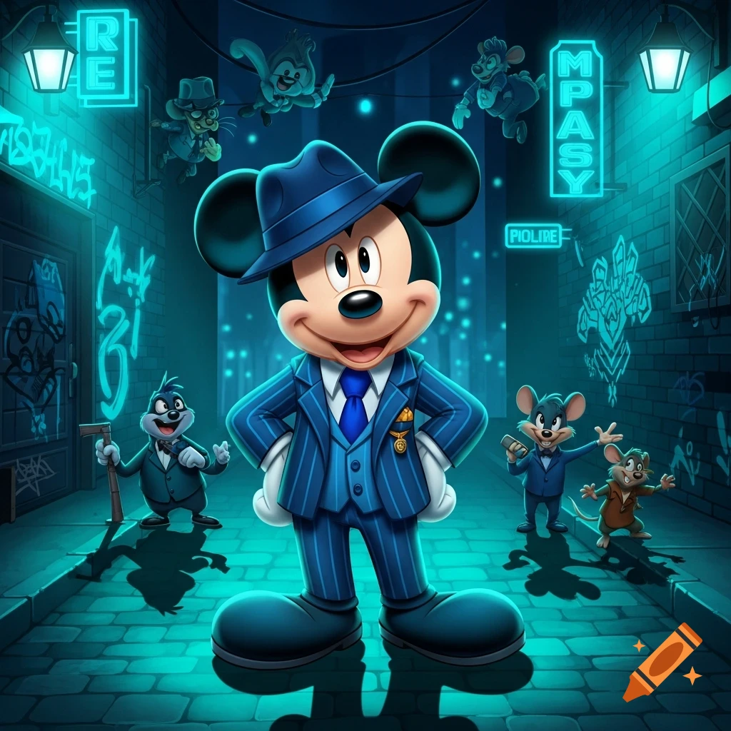 Mickey Mouse in a blue pinstripe suit and fedora stands in a dark alley with glowing aqua neon signs and other cartoon mice in suits.
