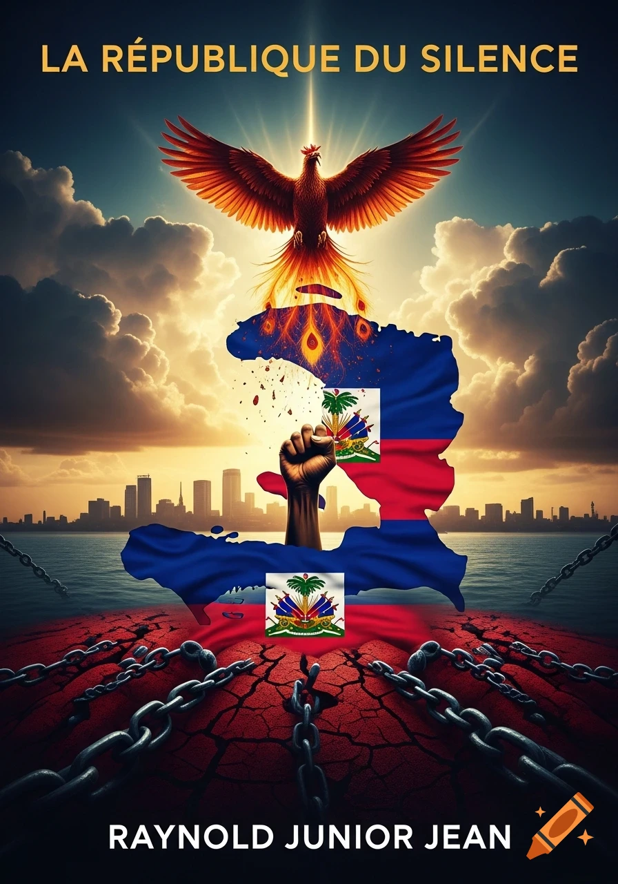 A book cover with a phoenix rising above a map of Haiti, a raised fist, broken chains, and a city skyline at sunset, with text "LA RÉPUBLIQUE DU SILENCE" and "RAYNOLD JUNIOR JEAN".
